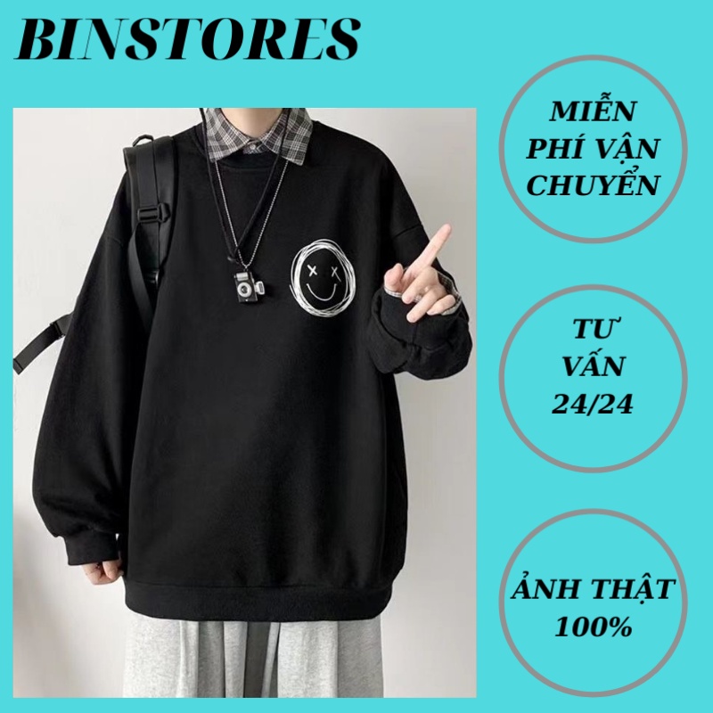 Áo Sweater, Áo Nỉ Bông Trơn 3 Màu Hình Icon Mặt Cười Form Rộng Unisex