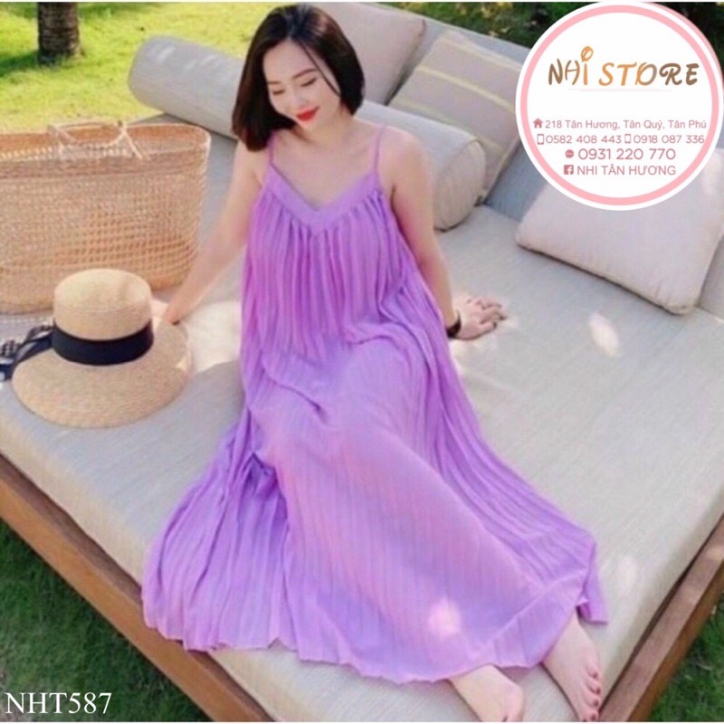 [FREESHIP 50K] Đầm Maxi Hai Dây Dập Li Rẻ Quạt Vải Chiffon NHISTORE Freesize Dưới 60kg