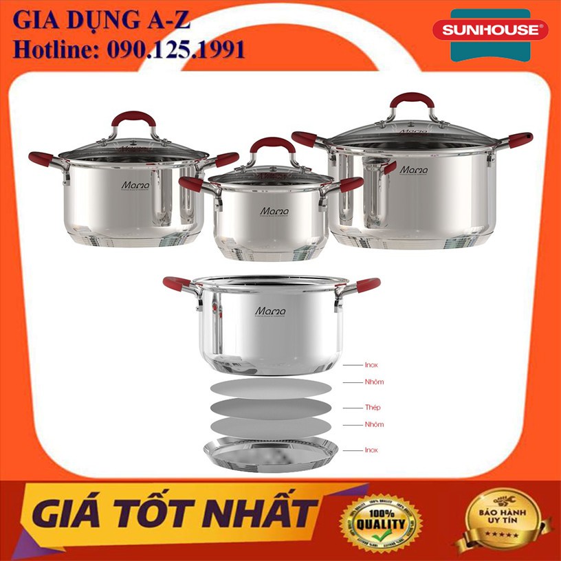 Bộ nồi inox 5 đáy sunhouse SHG2503MSD | bộ 3 nồi kích thước 16,20,24 cm