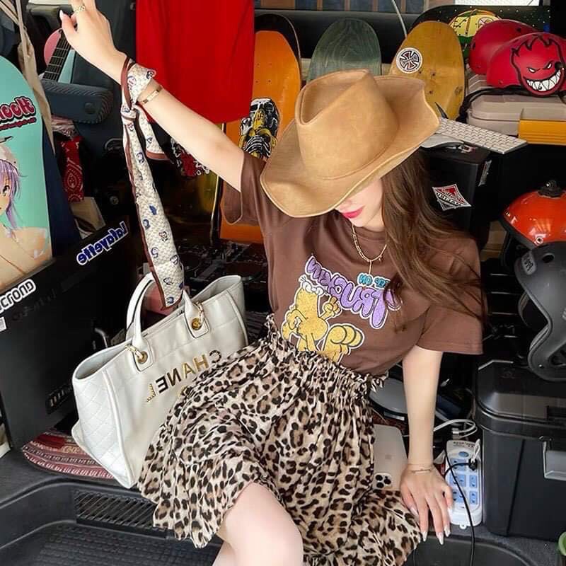 Set áo phông nâu truk + chân vay ngắn xoè hoạ tiết da báo Hs