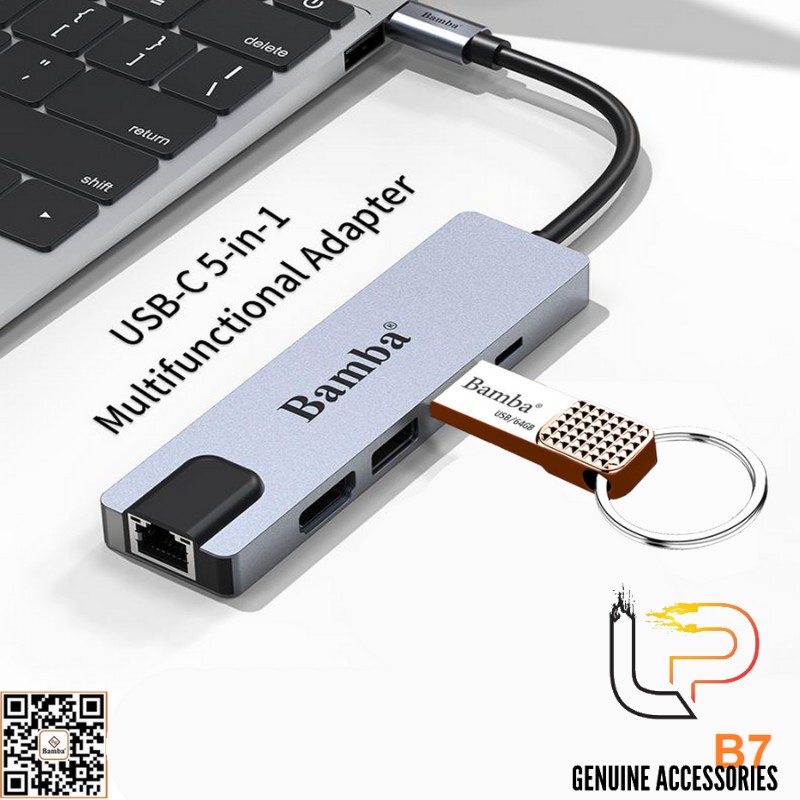 BỘ CHUYỂN USB TYPE-C RA 2 USB 3.0 + 1 USB TYPE-C+1 HDM I+1 RJ45 BAMBA B7