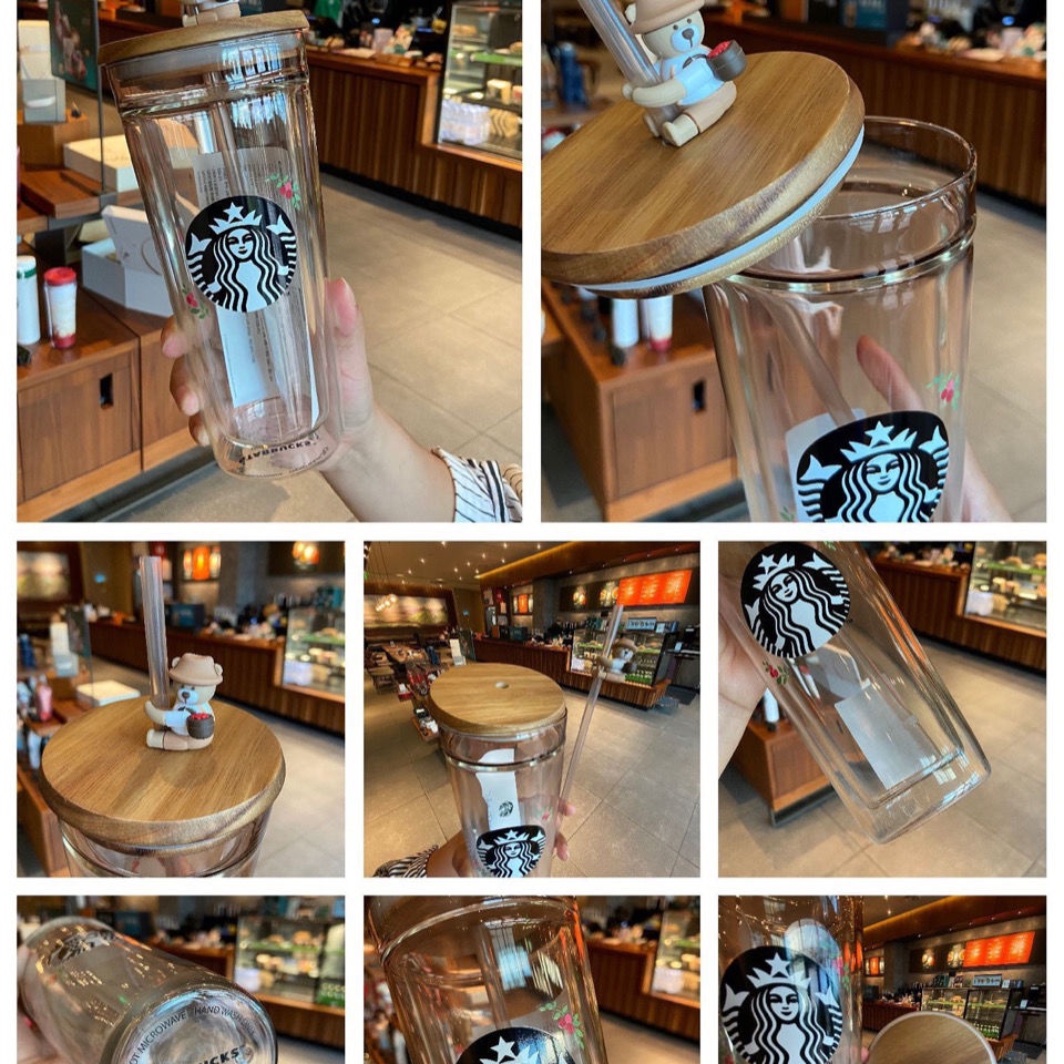 Ly Uống Cà Phê Starbucks Hai Lớp Có Nắp Gỗ Và Ống Hút
