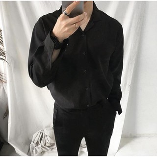 Áo sơ mi đen trắng dài tay CỔ VEST TRƠN vải lụa mềm mịn | BeWay