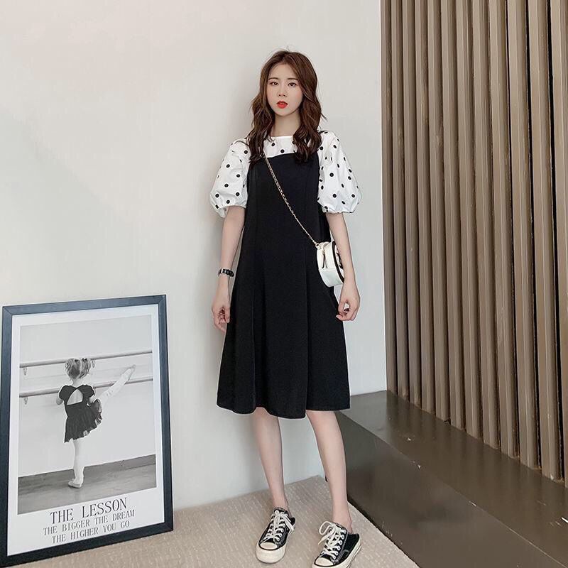 Set Áo Thun Ngắn Tay Chấm Bi + Đầm Yếm Dáng Dài Thời Trang Hàn Quốc Cho Nữ