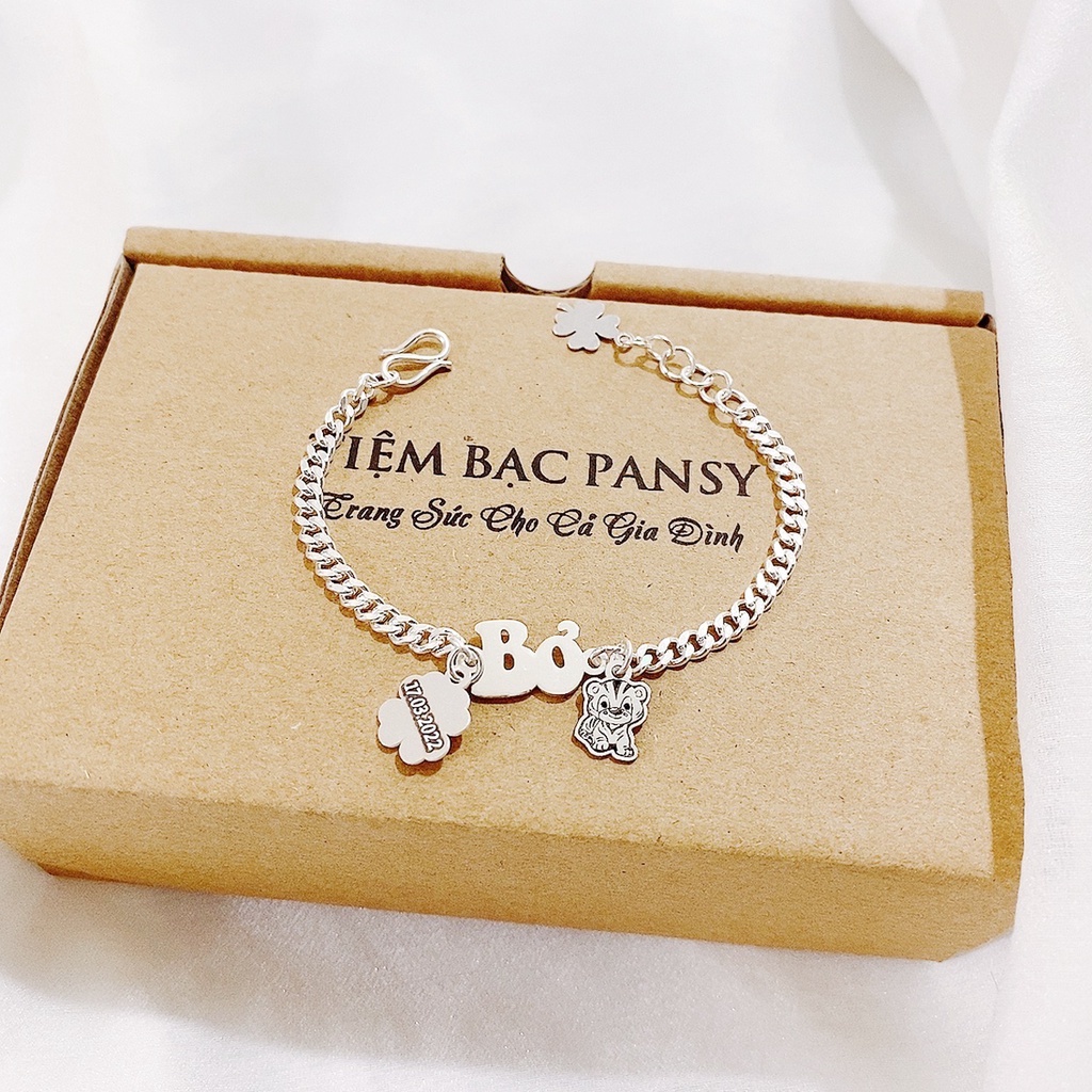 Lắc bạc khắc tên cho bé kèm charm cỏ 4 lá dễ thương - Vòng bạc đeo tay, chân cho bé trai, bé gái từ sơ sinh đến 10 tuổi