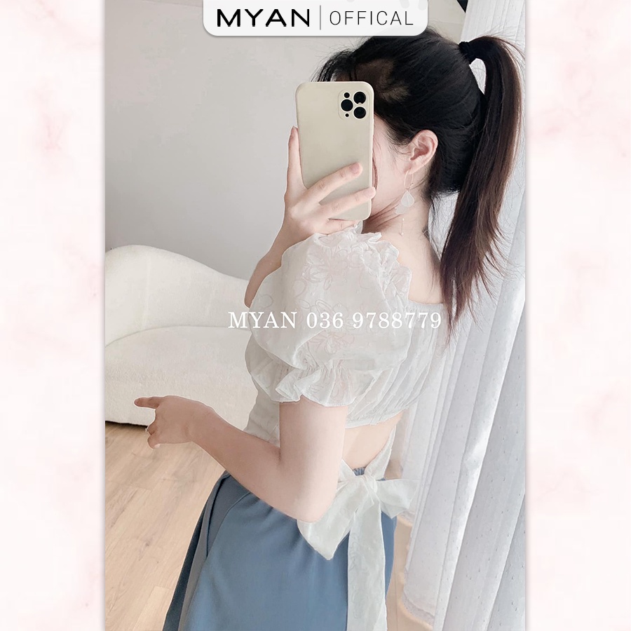 Croptop Trễ Vai MYAN Thiết Kế Áo Cổ Vuông Chun Vai, Tay Bồng, Nơ Lưng Màu Trắng AVN072207
