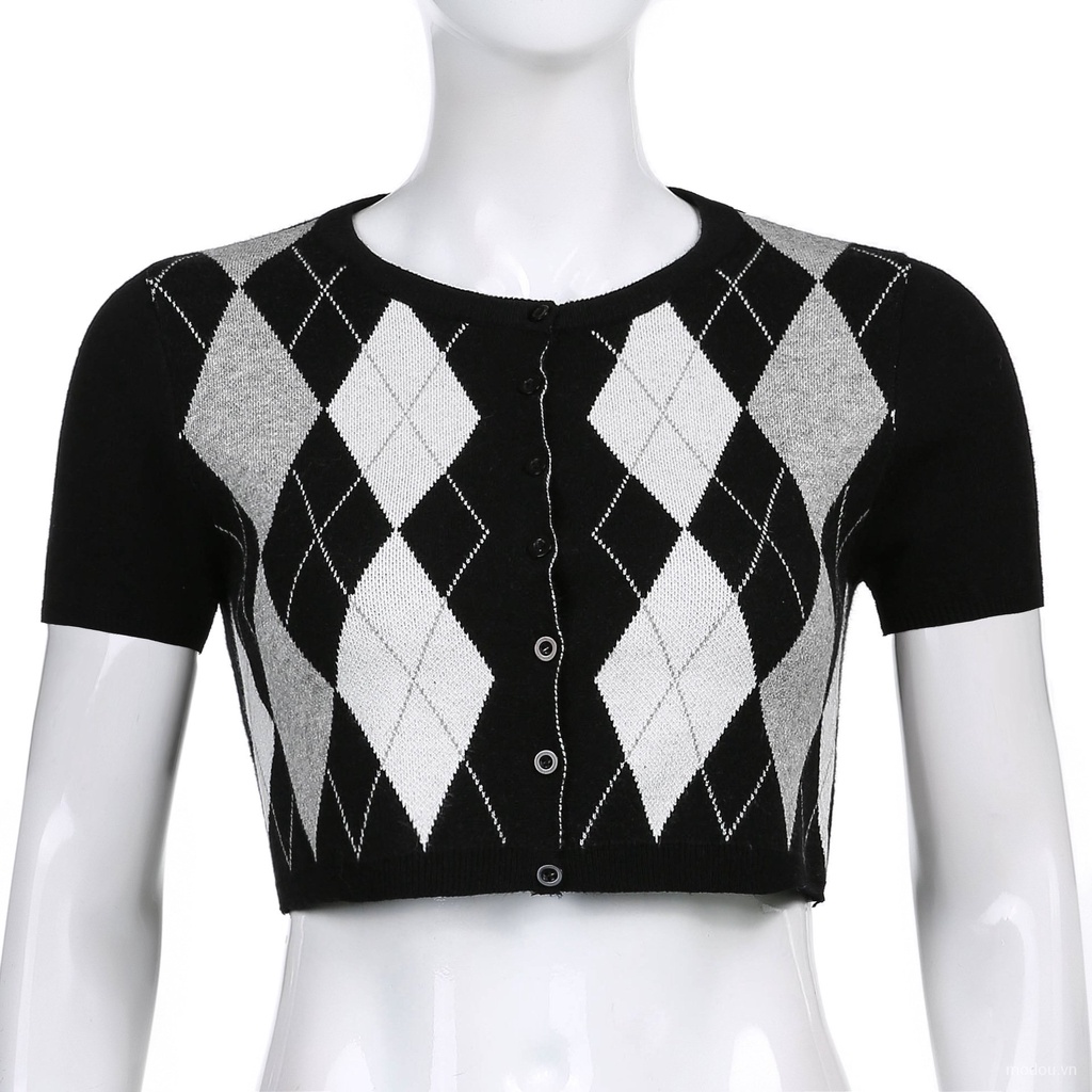 Áo Croptop Dệt Kim Hoạ Tiết In Phối Nút Cho Nữ