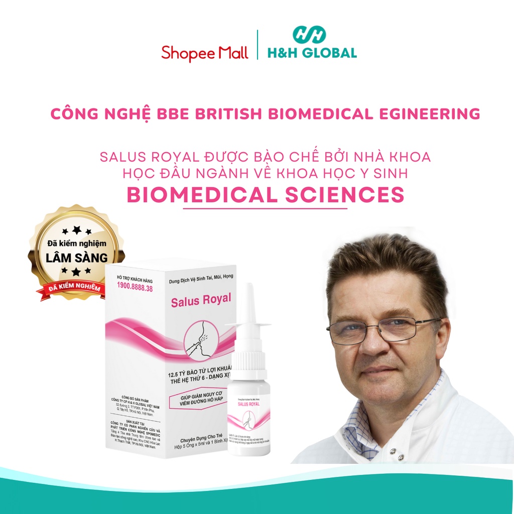 Hộp 2 ống x 5ml Nước muối sinh lý bào tử lợi khuẩn cho trẻ sơ sinh, trẻ nhỏ SALUS ROYAL hết viêm mũi, rát họng HH GLOBAL