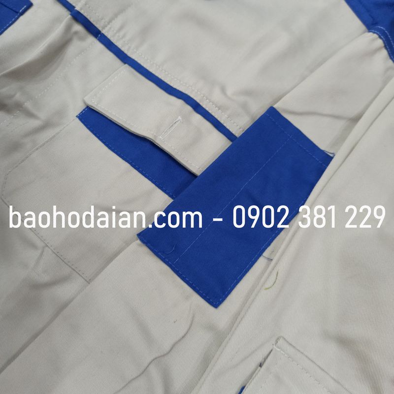 Quần áo bảo hộ lao động vải kaki 31 túi hộp ghi phối xanh dương - M02