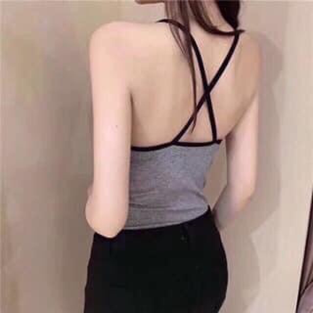 Áo bra dáng dài  dây chéo ôm sát siêu xinh ( 2 màu đen-ghi free sz tới 58kg)
