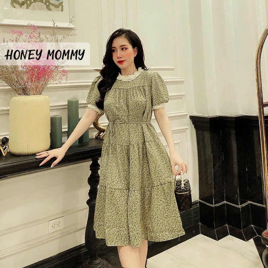 Váy Bầu Hoa Nhí Cổ Ren Mùa Hè Kèm Đai Thắt HD2821 Honey Mommy Đầm Bầu Công Sở Dáng Dài