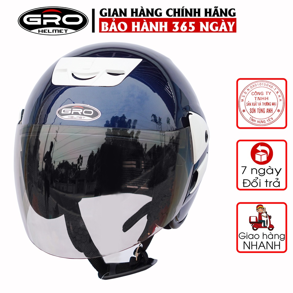 Mũ Bảo Hiểm có kính Gro V2, kiểu dáng Honda bền đẹp chắc chắn, mút xốp dày dặn thoáng khí - Xanh Than Bóng