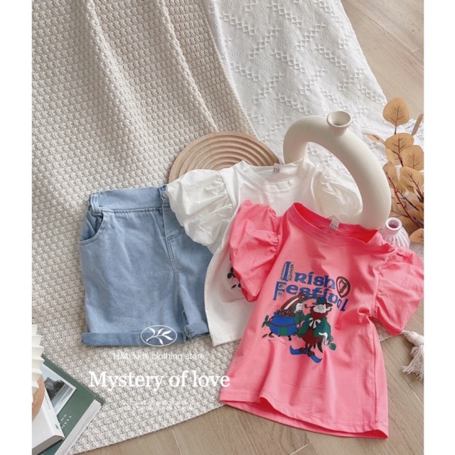 Set Bé Gái Festival Tay Bồng Phối Quần Bò Xước Cá Tính