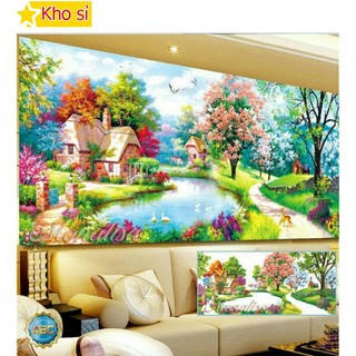 Tranh đính đá kích thước lớn Phong cảnh nhà bên hồ thiên nga Y8164 (120x60cm) [KHO SỈ] Tranh chất lượng cao
