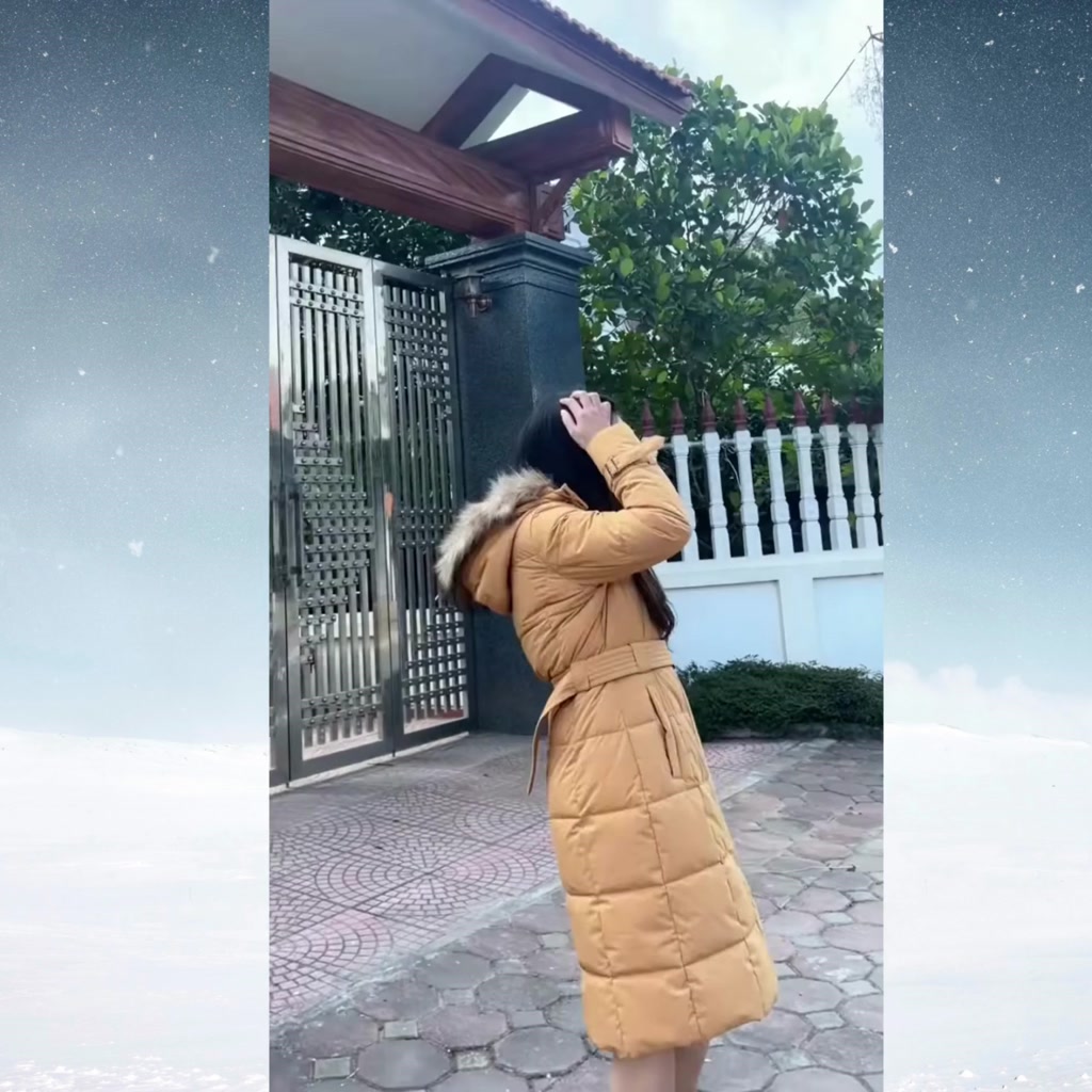 Áo khoác phao nữ cao cấp dáng dài HeraDG túi chéo mũ lông và đai eo tháo rời vải gió chống nước chống bám bụi WJKBB6024 | BigBuy360 - bigbuy360.vn