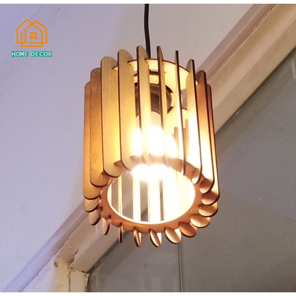 Đèn gỗ dáng trụ thả trần - Đèn gỗ Decor trang trí nhà cửa, quán cà phê - Tặng kèm đèn 3W