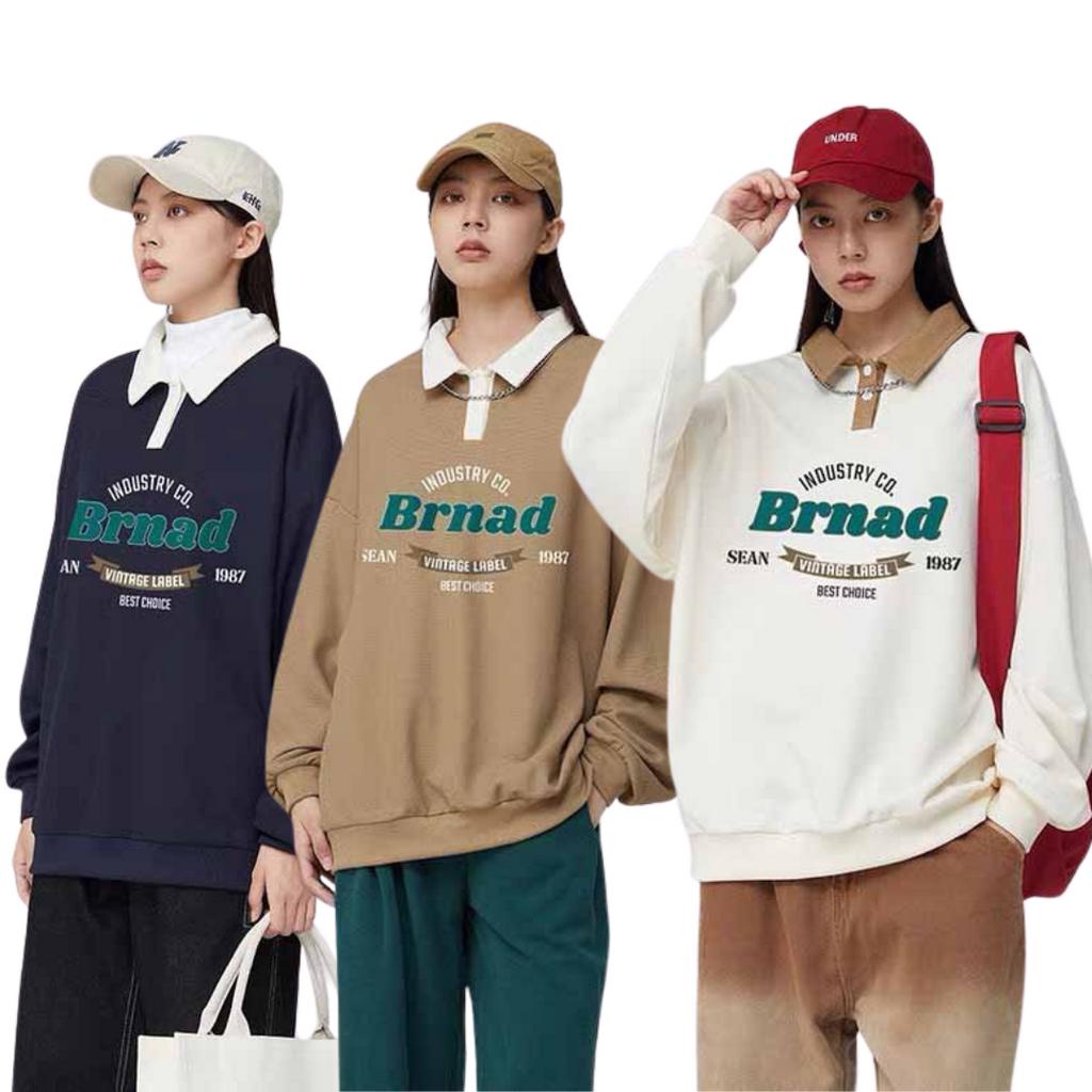 Áo Sweater Unisex Tay Dài Brnad Form Rộng Vải Nỉ Bông Cổ Polo Phong Cách Ulzzang