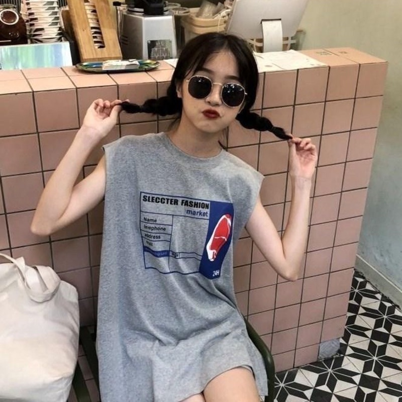 Áo Thun Sát Nách Xẻ Tà Trước Và Sau In Chữ Thời Trang Cá Tính Cho Nữ