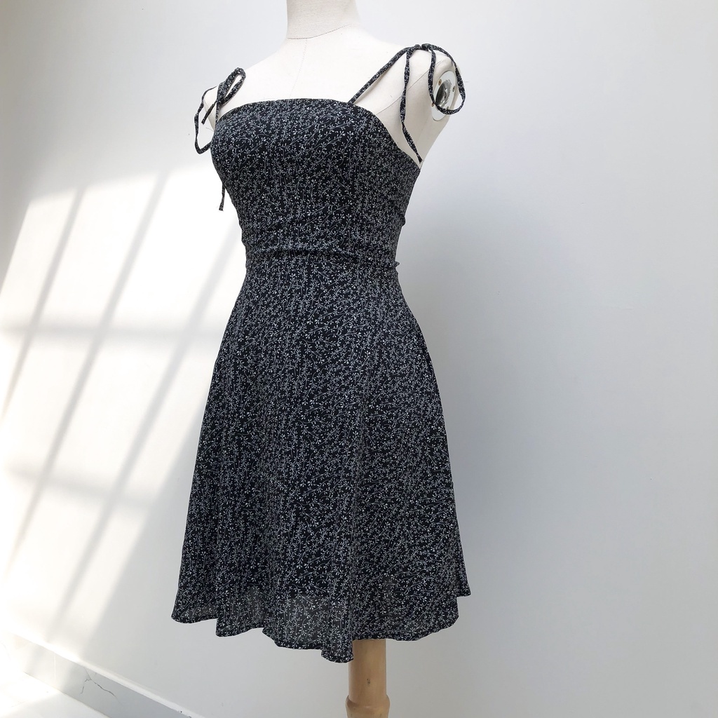 Đầm 2 dây cột nơ nữ họa tiết chấm bi, hoa nhí, hoa lá dễ thương