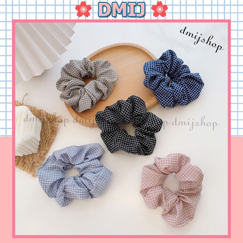 Cột Tóc Vải Scrunchies Họa Tiết Caro Nhỏ Phong Cách Vintage