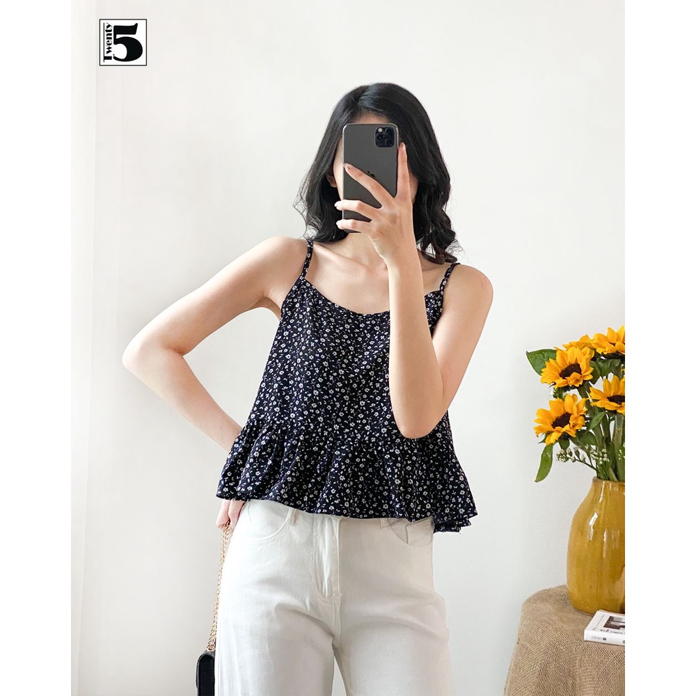 Áo hai dây nữ hoa nhí bèo nhún vạt dáng lửng Twentyfive N1044