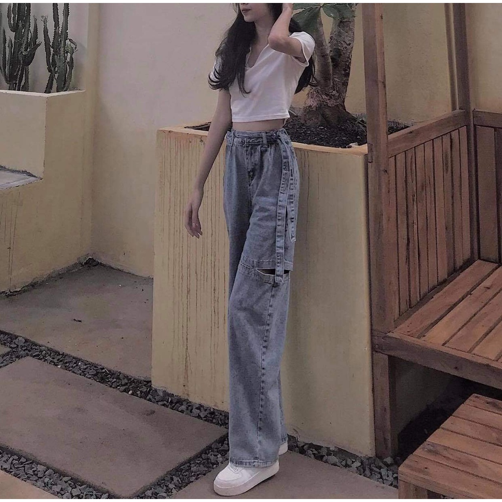 Quần jean nữ cạp cao ống rộng thiết kế rách tà dây eo ulzzang cá tính-YESNOW