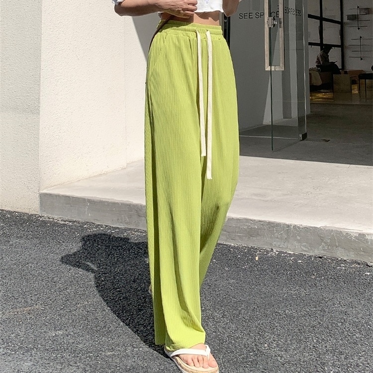 Jiashucheng Quần Dài Lưng Cao Ống Rộng Dáng Suông Vải Mỏng Phối Dây Rút Cá Tính Cho Nữ