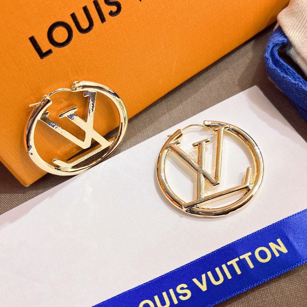 LOUIS VUITTON Khuyên Tai Tròn Mạ Bạc S925 Họa Tiết Chữ LV Sang Trọng Dành Cho Nữ