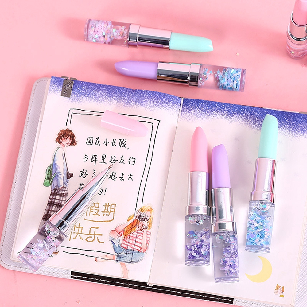 Bút bi ngòi thiết kế hình son môi thiết kế kim tuyến nước lấp lánh sáng tạo - Phụ kiện Halu