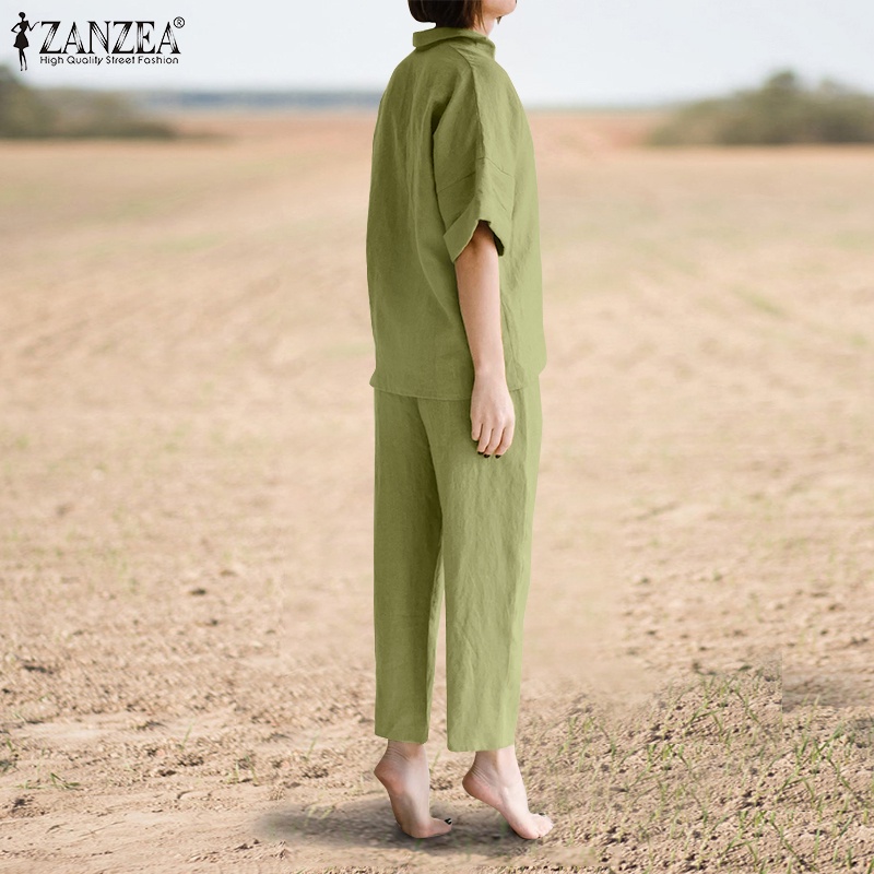 Bộ đồ Zanzea gồm áo sơ mi tay ngắn cổ bẻ và quần dài ống rộng màu trơn sành điệu cho nữ