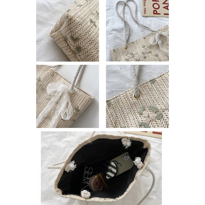 Túi Cói Vuông Lớn Đi Biển Thêu Hoa Phối Dây Thừng P2154