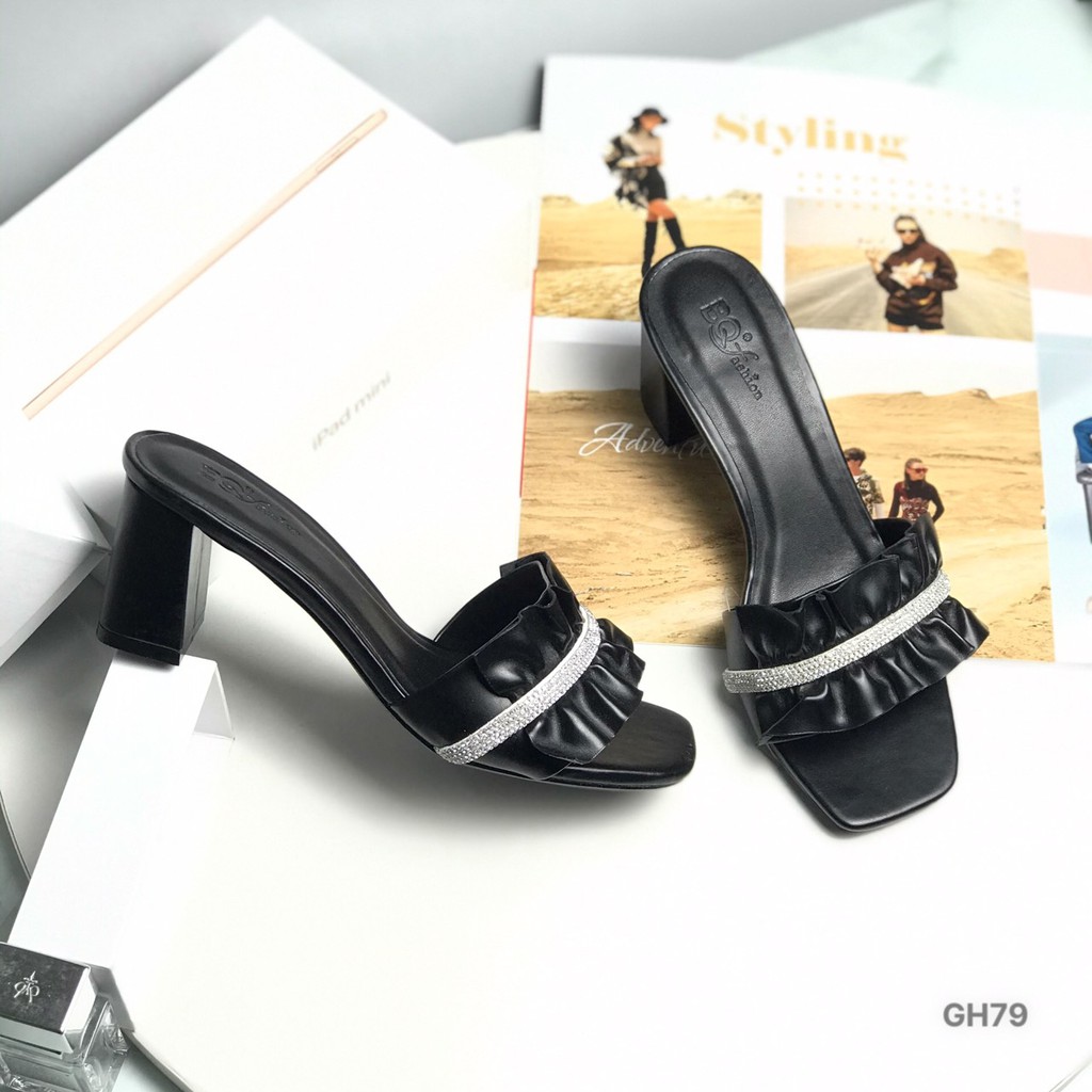 Guốc nữ BQ ❤️FREESHIP❤️ Dép cao gót nữ quai bèo nhún đính đá đế vuông 6.5cm GH79