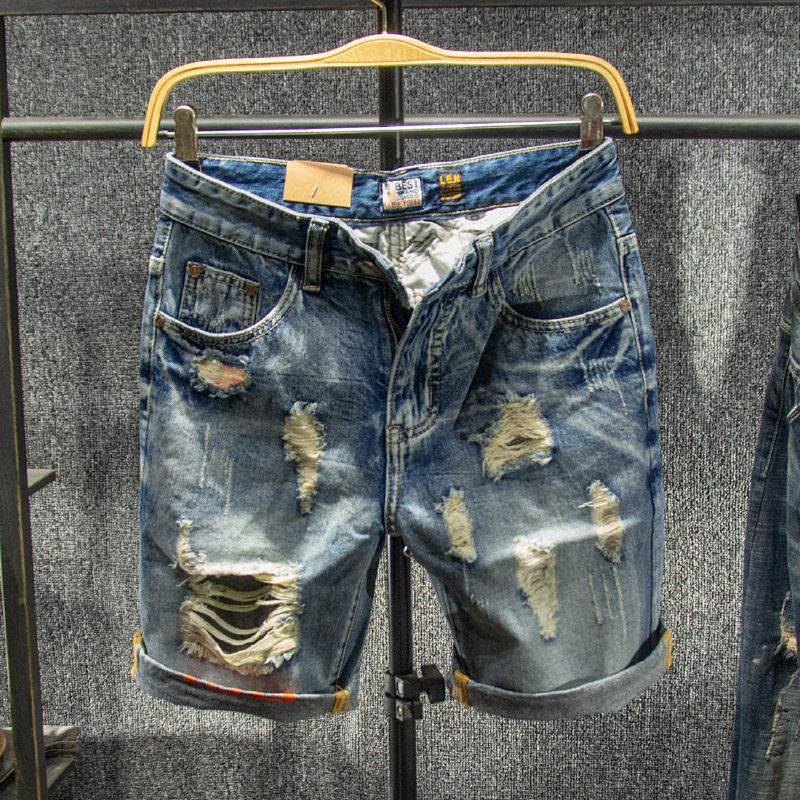 Summer High-End Ripped Denim Shorts Men's Fashion Brand Ins Popular Cropped Pants Men's Loose Outer Wear Pirate Shorts Fashion Menswear cLCa
