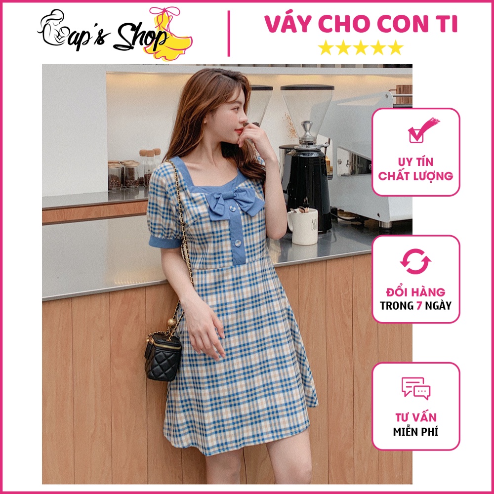 Váy cho con bú, họa tiết kẻ caro, cổ nơ trẻ trung, dáng xòe A thon gọn