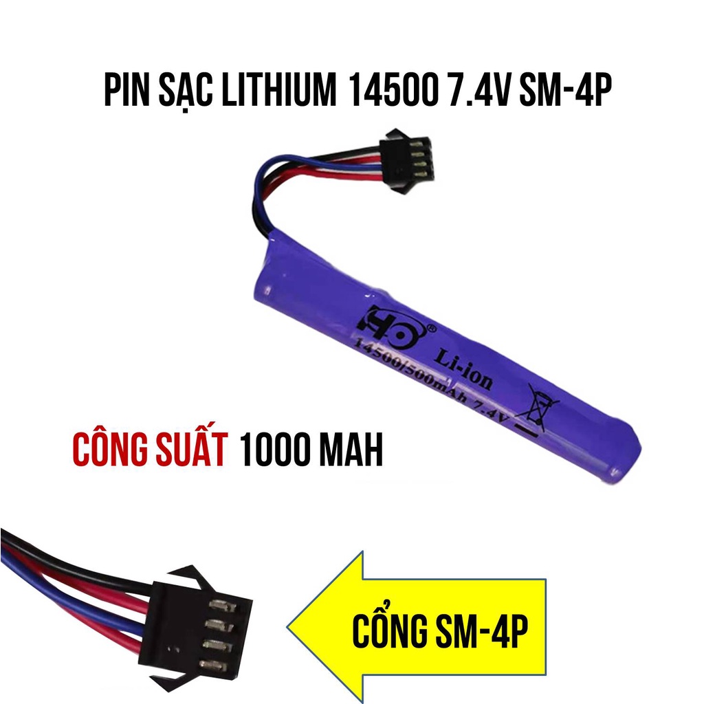Pin Sạc Lithium 14500 7.4V 1000mAh 800mAh Cổng SM-4P Dùng Cho Đồ Chơi QHX và Đồ Chơi Điều Khiển