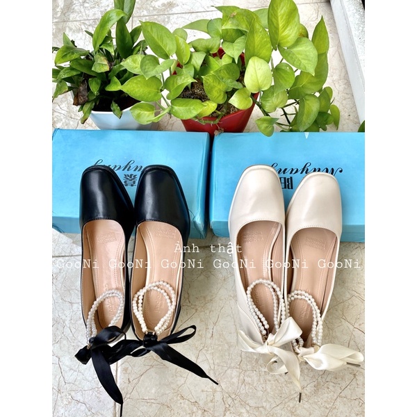 Giày búp bê mũi vuông quai ngọc mix dây thắt nơ phong cách tiểu thư thời trang