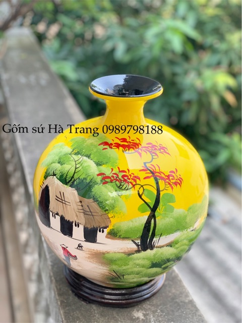 Bình hút tài lộc gốm sơn mài Bát Tràng vẽ hoạ tiết làng quê Việt Nam cao 32cm