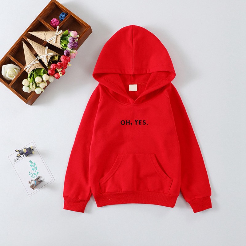 Áo hoodie dài tay in chữ "Oh,yes." màu trơn cho bé từ 2-8 tuổi