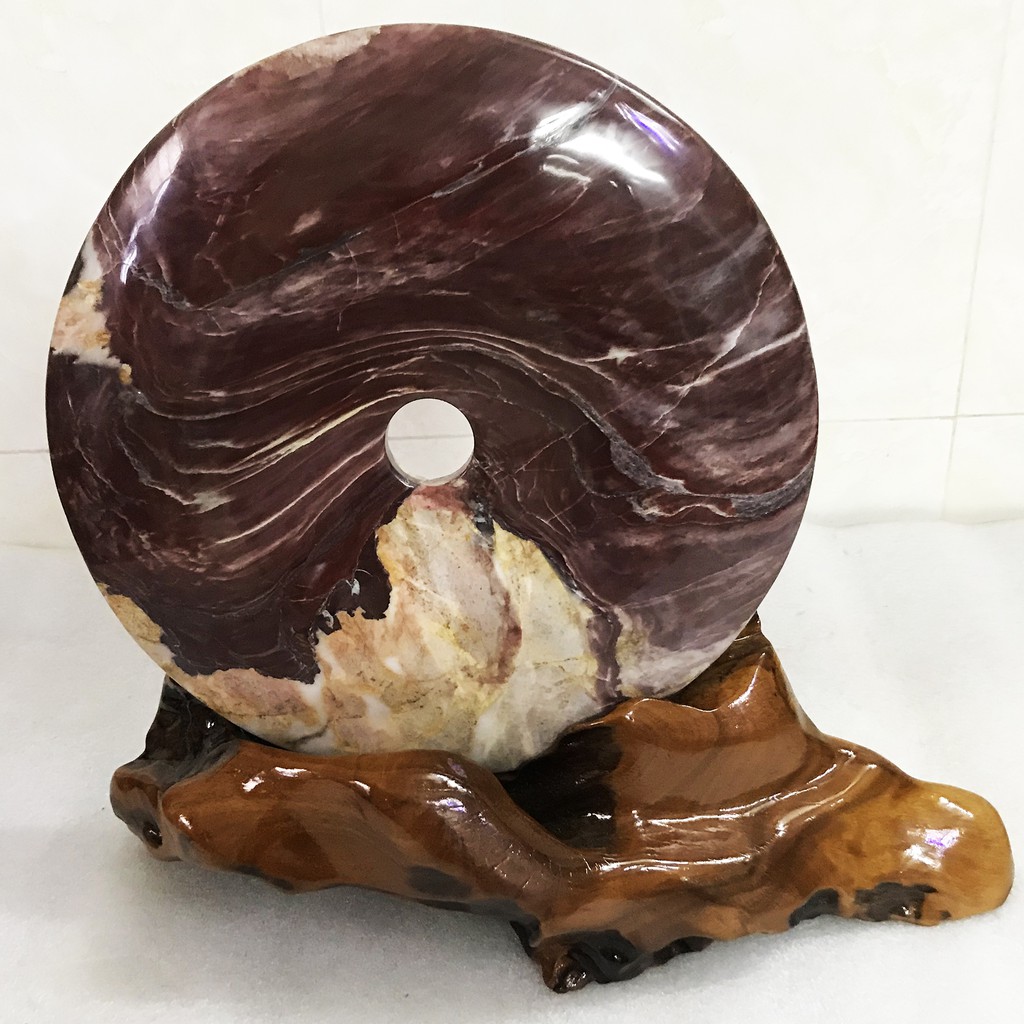Đồng điếu ngọc, đồng điếu đá tự nhiên đường kính 15 cm-25 cm chân đế gỗ rừng cho mệnh Kim Mộc Thủy Hỏa Thổ