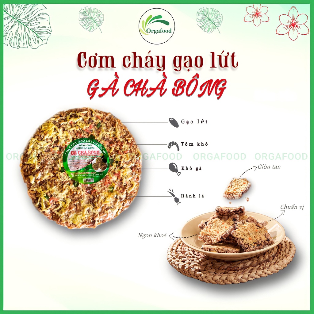 Cơm cháy gạo lứt 3 vị gà chà bông/ rong biển muối mè/ khô bò chà bông Orgafood ăn vặt healthy, giảm cân