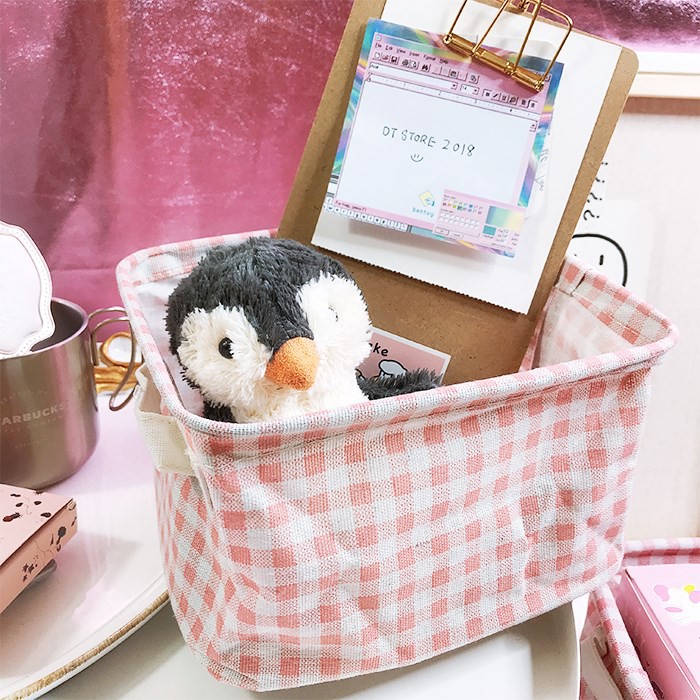 Giỏ vải để bàn đựng đồ cá nhân caro hồng zakka