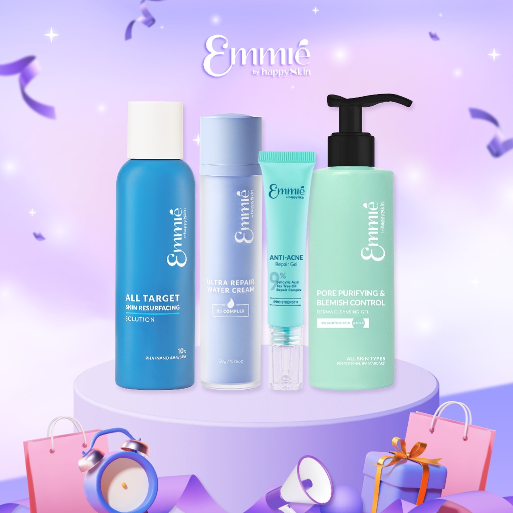 Bộ sản phẩm 4 món: gel rửa mặt 180ml- toner- Gel giảm mụn 12ml- kem dưỡng B5 complex 50ml Emmié By HappySkin