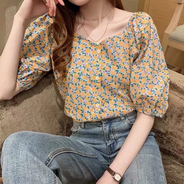 Áo sơ mi nữ hoa nhí tay bồng