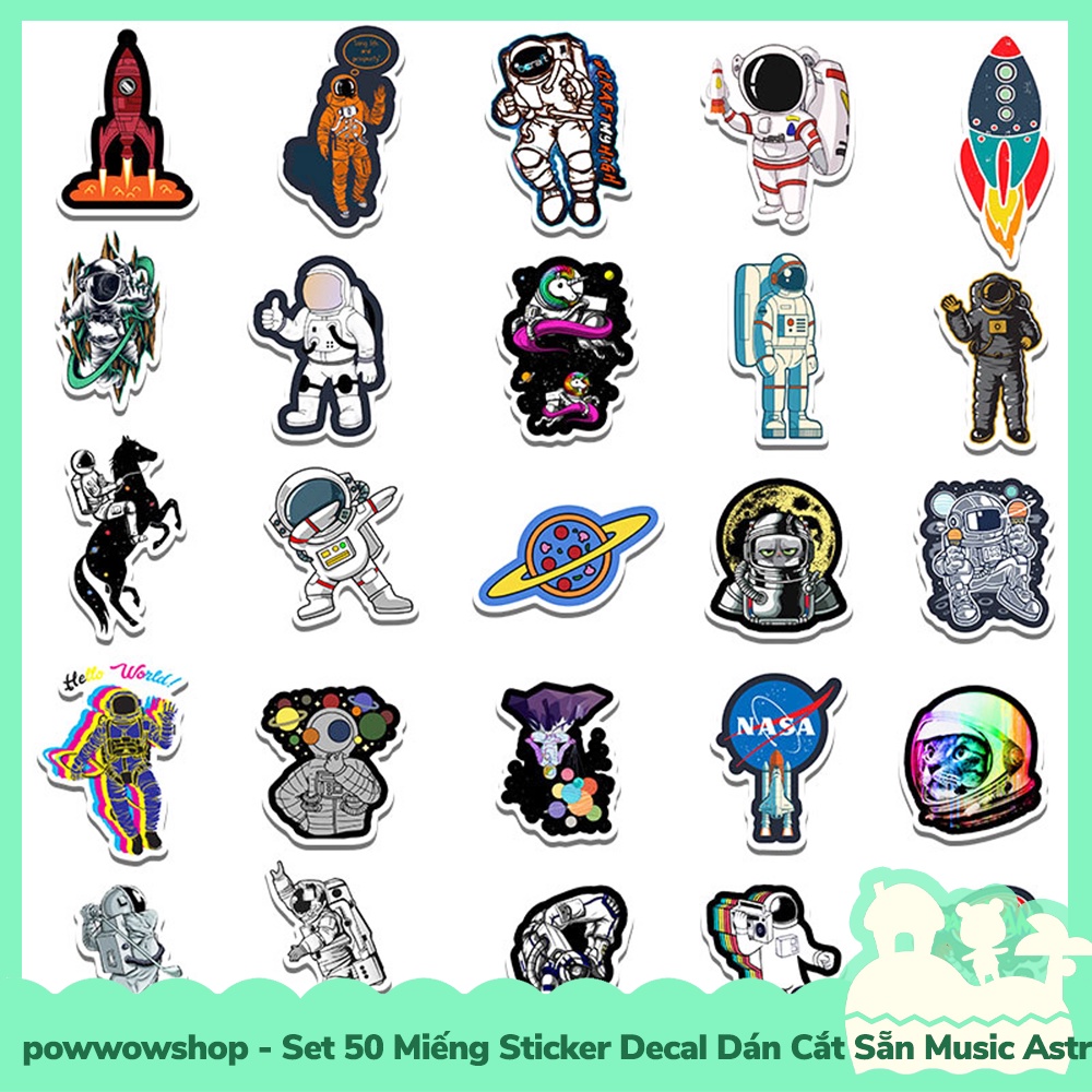 [Sẵn VN - Hỏa Tốc] Set 50 Miếng Sticker Decal Cắt Sẵn DIY Dán Trang Trí Vật Dụng Mẫu Music Astronaut Into Space