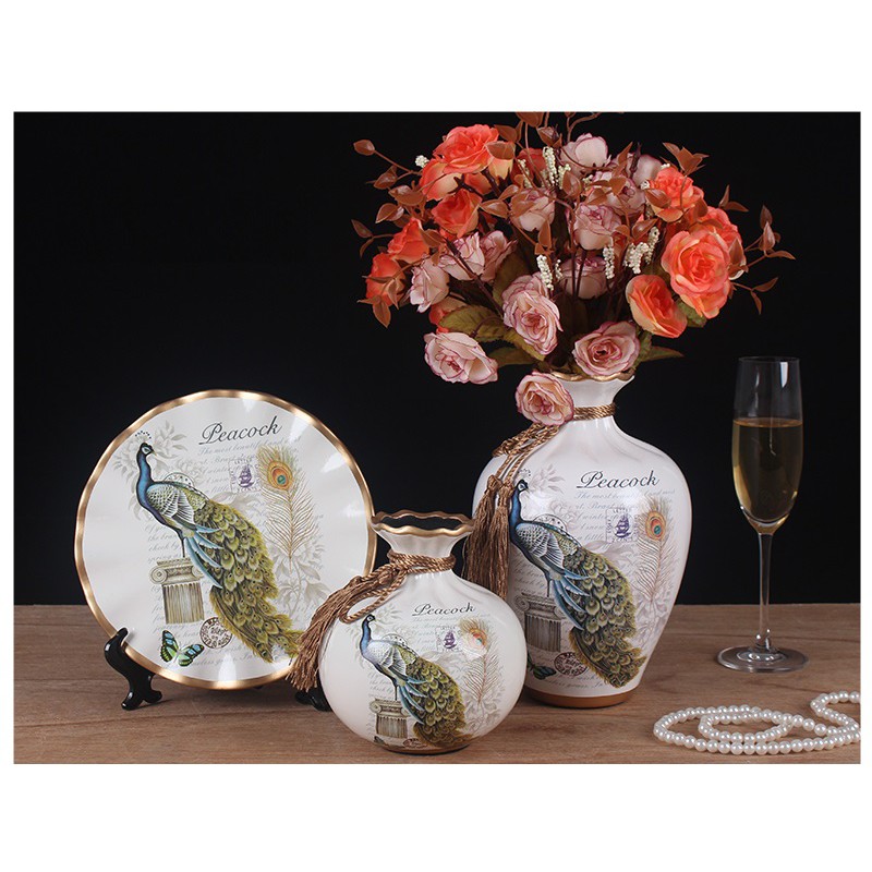 Bộ 3 bình gốm chim công trang trí phòng khách