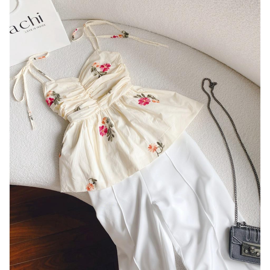 SET ÁO NHÍU HOA THÊU KEM 2 DÂY + QUẦN SUÔNG TRẮNG CHIẾT LY