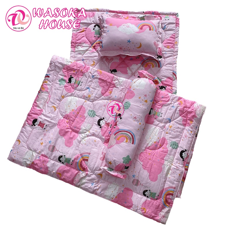 Bộ gối nệm cho bé có kèm mền và gối ôm, [Tặng kèm túi]vải cotton satin hàn quốc đẹp, mềm, mát, sắc nét, phù hợp bé 1-5 t