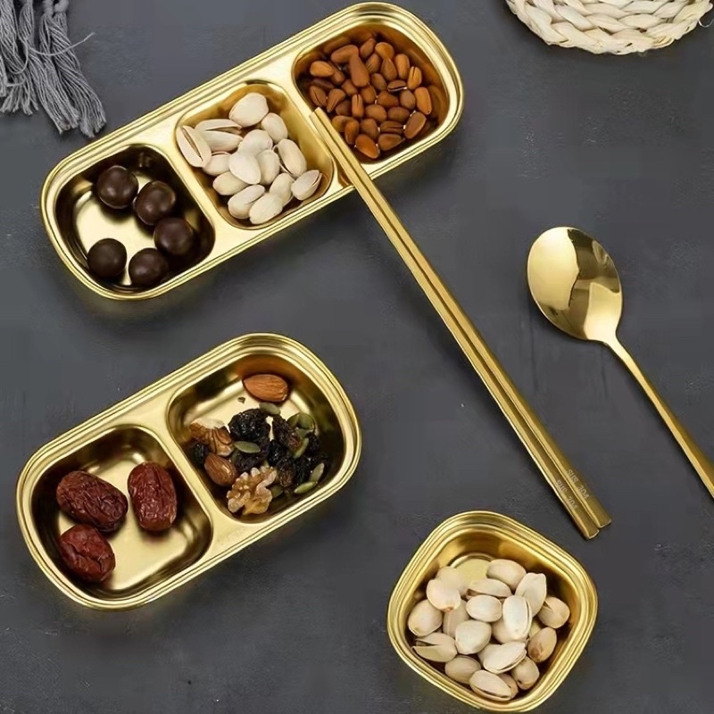 Khay đựng gia vị inox không ăn mòn 304 Hàn Quốc | Đĩa chấm inox vàng để panchan,đồ ăn kèm cho gia đình, nhà hàng cao cấp