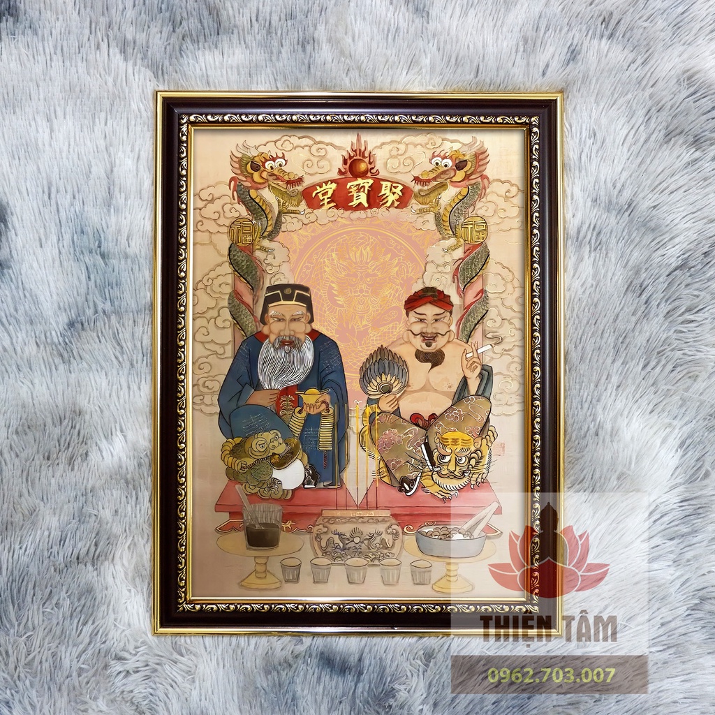 Tranh Thần Tài Thổ Địa 36x48cm chất liệu vải phủ bóng khung composite xịn xò