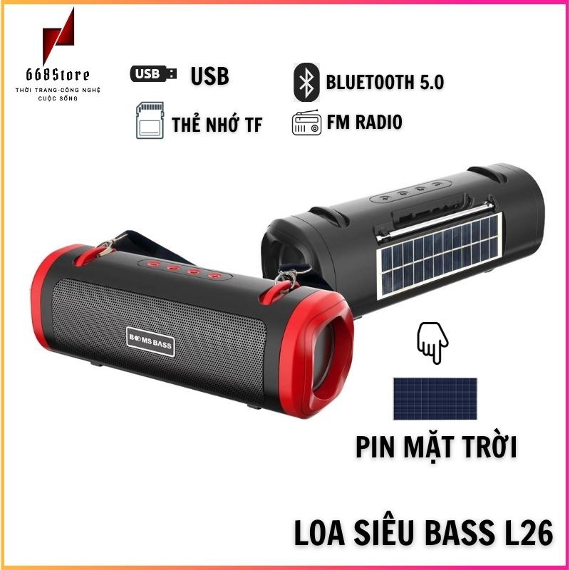 Loa Bluetooth siêu bass BOOMBASS L26, Pin mặt trời hiện đại, hỗ trợ USB, Thẻ nhớ